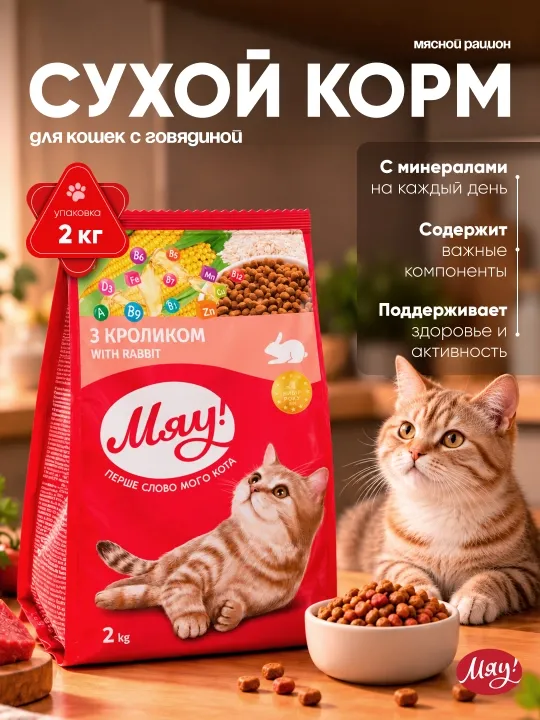 Мяу сухой корм для кошек, с говядиной, 300 г