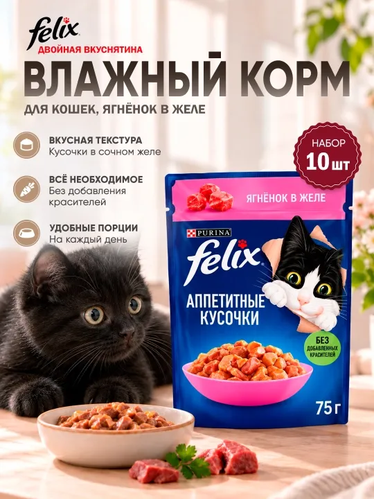 Felix Аппетитные кусочки влажный корм для кошек, ягнёнок в желе, 75 гр 10 шт